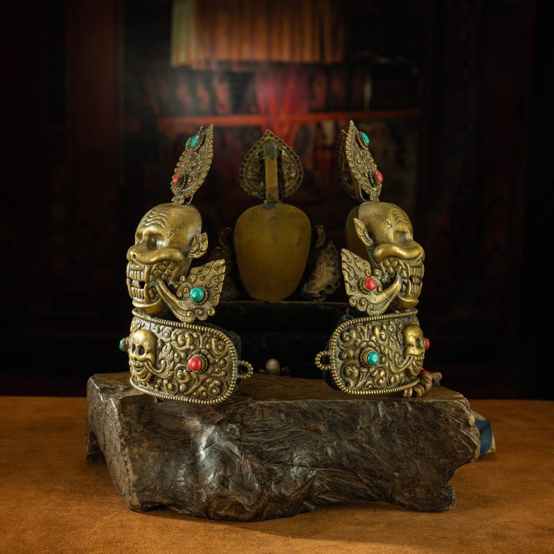 Qing Dynasty  Sita Vana's Dharma Protector Hat Yellow Lima Copper Inlaid With Coral and Turquoise Sakya Monastery - Image 5