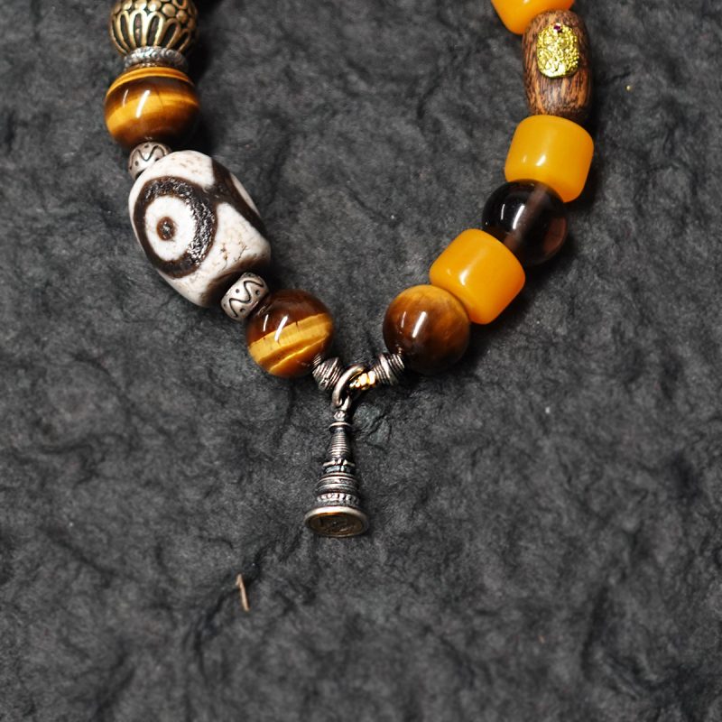 Protective Energy Three-Eyed Dzi Bead Bracelet Tibetan Vajra Silver Talisman - Image 3