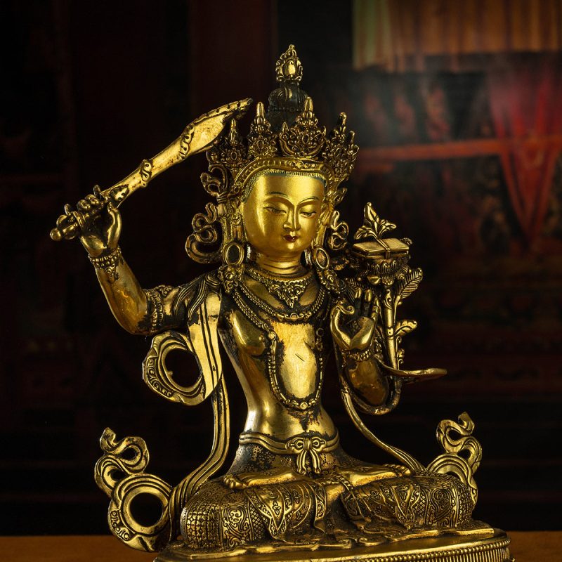19th Century Manjusri Bodhisattva Tibet Antique Buddha Statue Yellow Lima gilt bronze Sera Monastery - Image 4
