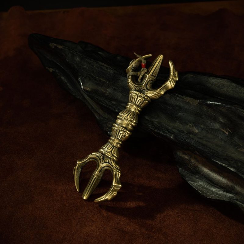 Qing Dynasty Trisula of Wrathful Vajra Yellow Copper Alloy Tibetan Ritual Item Antique - Image 6