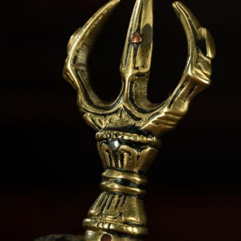 Qing Dynasty Trisula of Wrathful Vajra Yellow Copper Alloy Tibetan Ritual Item Antique - Image 10