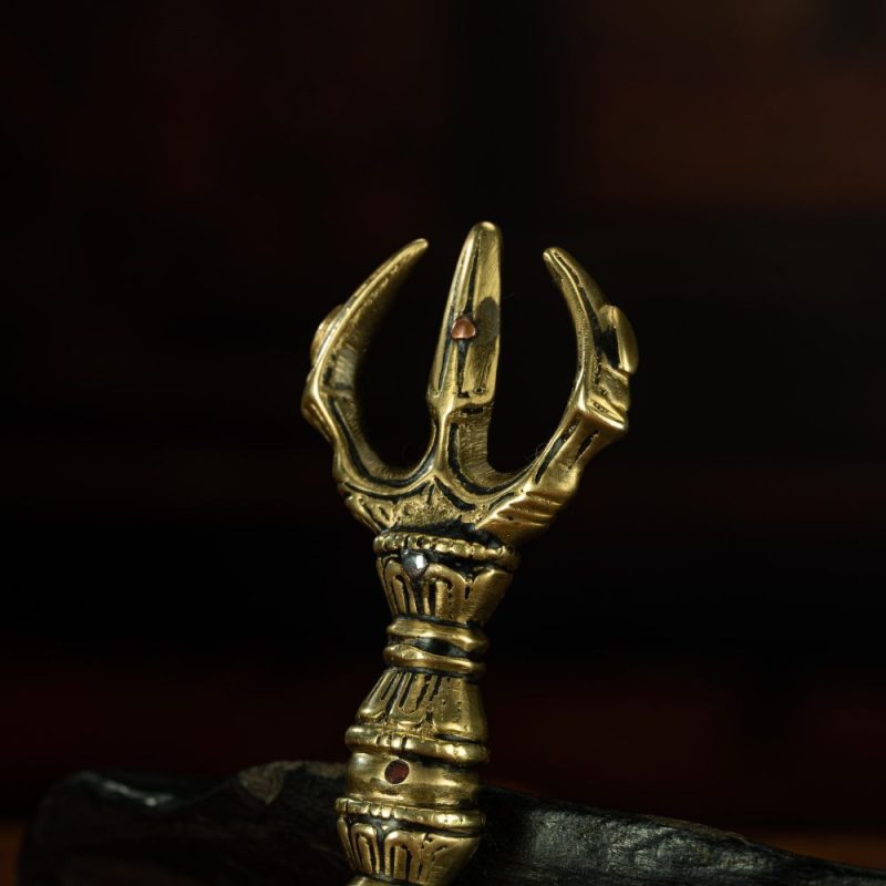 Qing Dynasty Trisula of Wrathful Vajra Yellow Copper Alloy Tibetan Ritual Item Antique - Image 11
