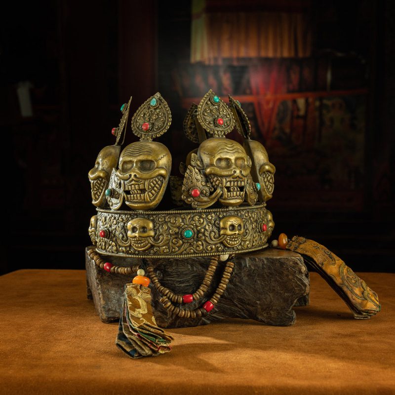 Qing Dynasty  Sita Vana's Dharma Protector Hat Yellow Lima Copper Inlaid With Coral and Turquoise Sakya Monastery - Image 6