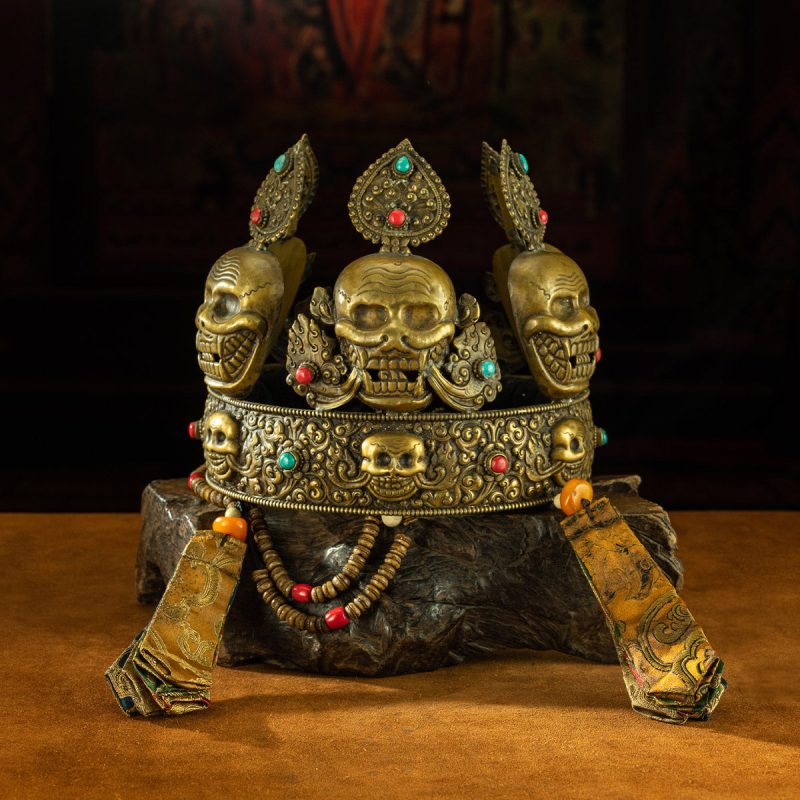 Qing Dynasty  Sita Vana's Dharma Protector Hat Yellow Lima Copper Inlaid With Coral and Turquoise Sakya Monastery