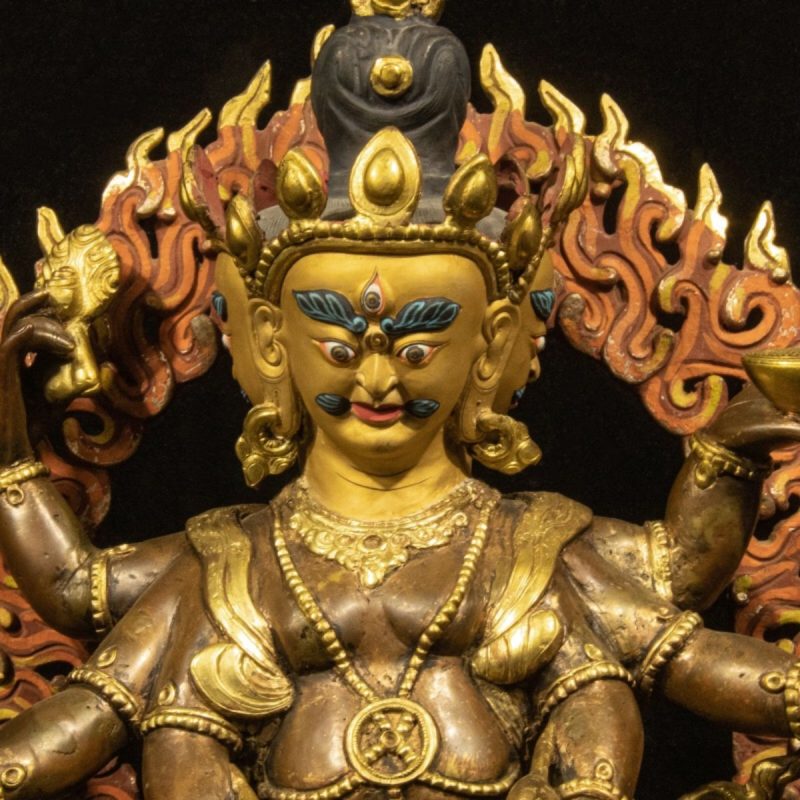Qing Dynasty Tibetan Antique Statue Three-Faced Six-Armed Mahakala Gilded Dza Monastery - Image 2