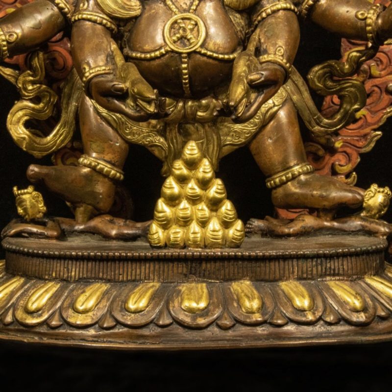 Qing Dynasty Tibetan Antique Statue Three-Faced Six-Armed Mahakala Gilded Dza Monastery - Image 3