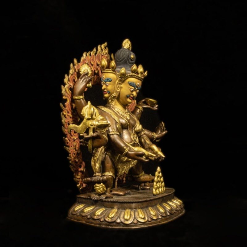Qing Dynasty Tibetan Antique Statue Three-Faced Six-Armed Mahakala Gilded Dza Monastery - Image 4