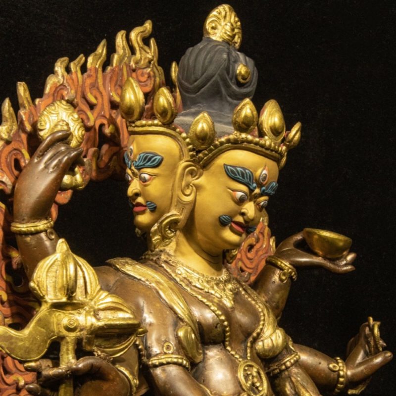 Qing Dynasty Tibetan Antique Statue Three-Faced Six-Armed Mahakala Gilded Dza Monastery - Image 5