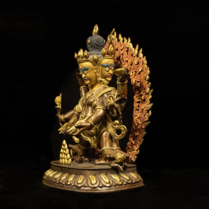 Qing Dynasty Tibetan Antique Statue Three-Faced Six-Armed Mahakala Gilded Dza Monastery - Image 7