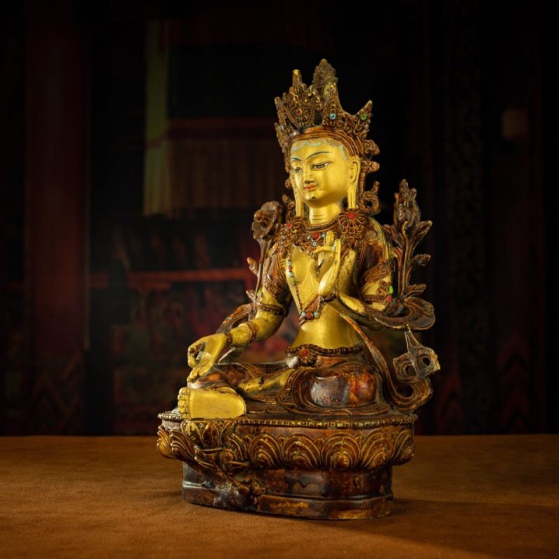 Qing Dynasty Tibetan Antique Green Tara Statue Gilded Clay from Potala Palace - Image 2