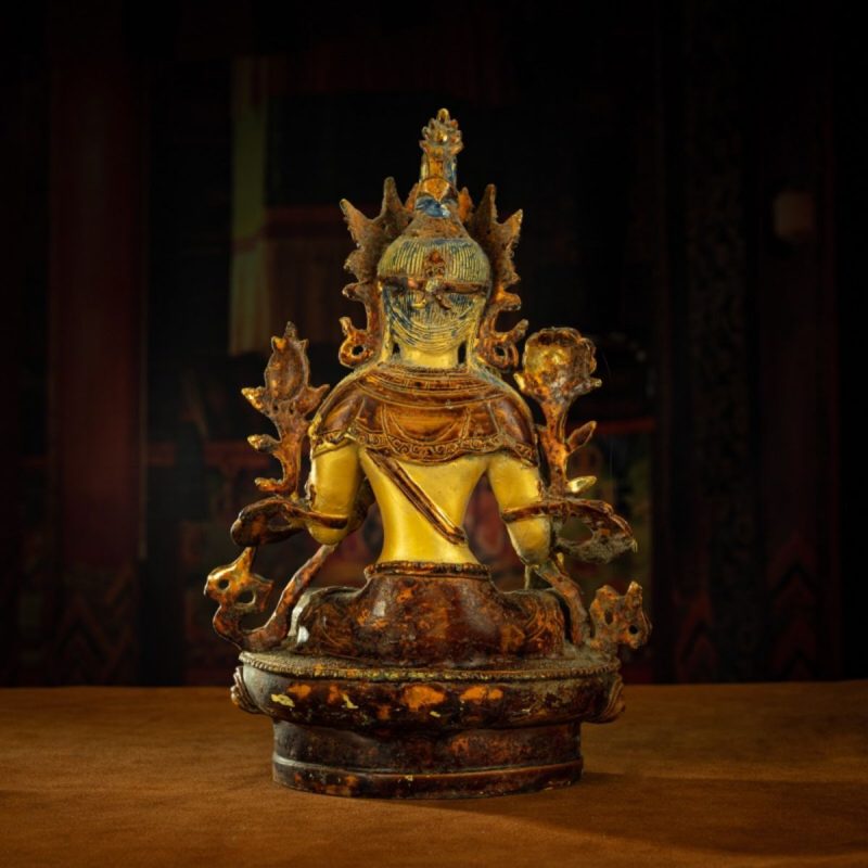 Qing Dynasty Tibetan Antique Green Tara Statue Gilded Clay from Potala Palace - Image 3