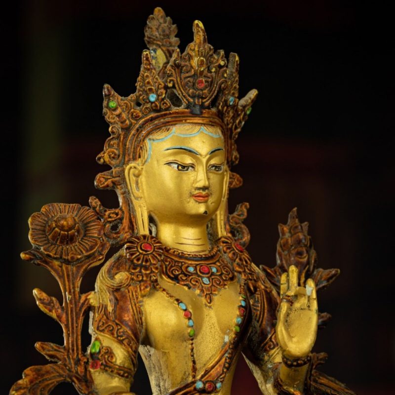 Qing Dynasty Tibetan Antique Green Tara Statue Gilded Clay from Potala Palace - Image 4