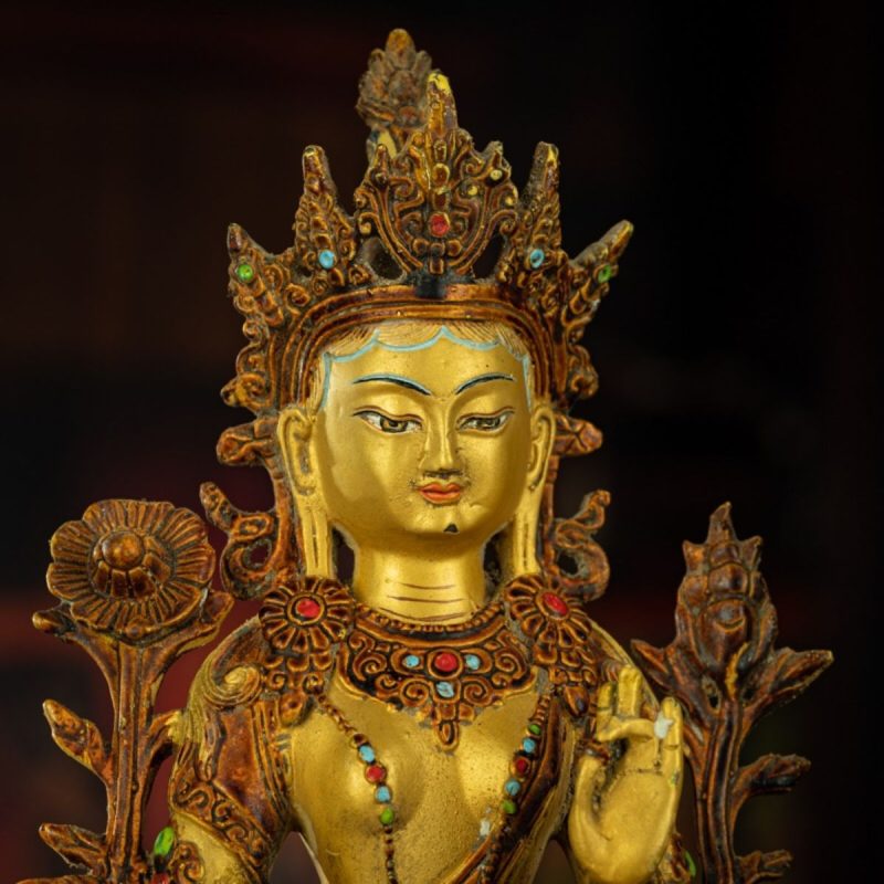 Qing Dynasty Tibetan Antique Green Tara Statue Gilded Clay from Potala Palace - Image 5