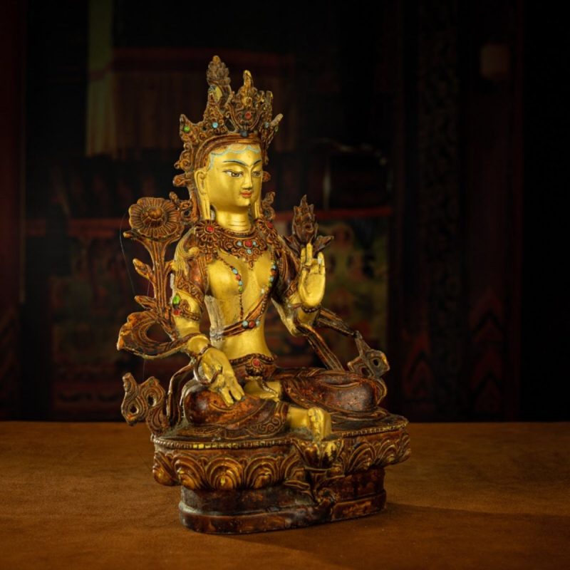Qing Dynasty Tibetan Antique Green Tara Statue Gilded Clay from Potala Palace - Image 8