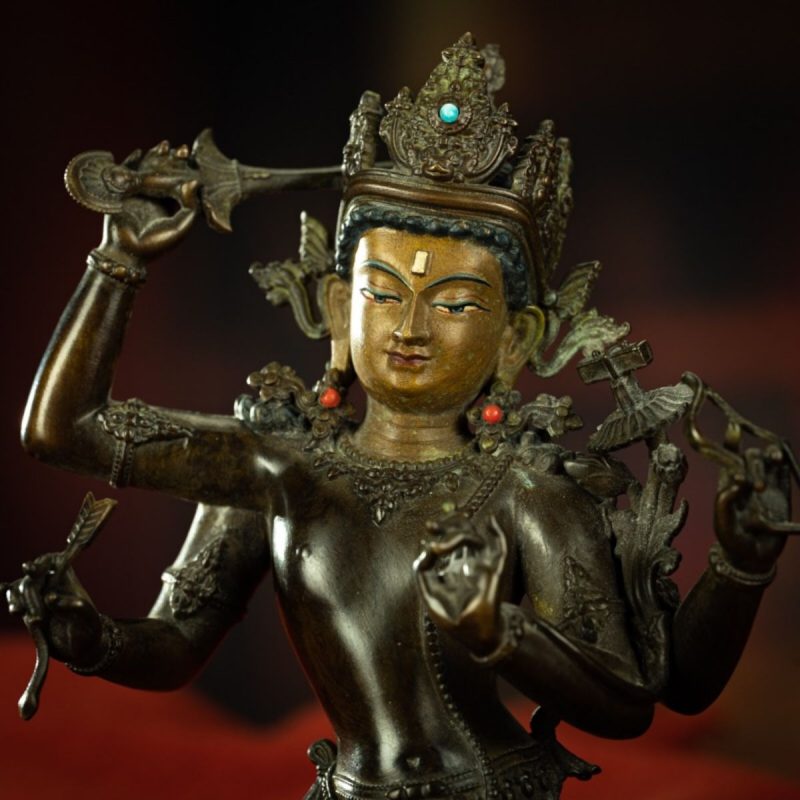 Qing Dynasty Tibetan Antique Statue Four-Armed Manjushri Copper Dza Monastery - Image 6