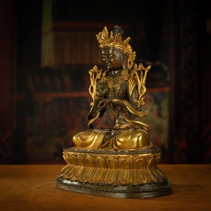 18th Century Tibetan Antique Statue Manjushri Giving Teachings Tibetan Gilt - Image 2