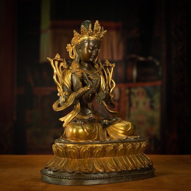 18th Century Tibetan Antique Statue Manjushri Giving Teachings Tibetan Gilt - Image 4
