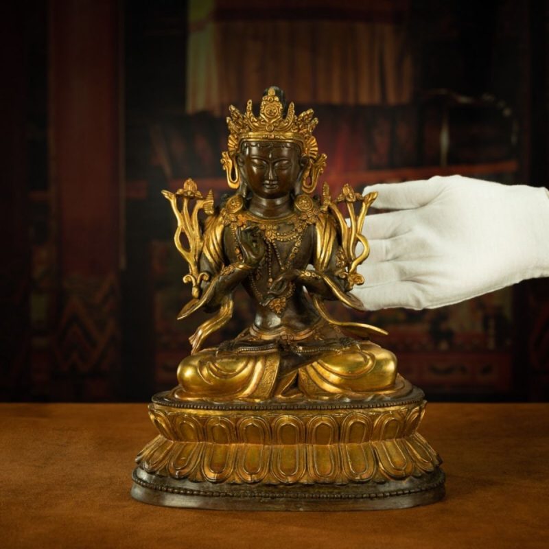 18th Century Tibetan Antique Statue Manjushri Giving Teachings Tibetan Gilt - Image 8