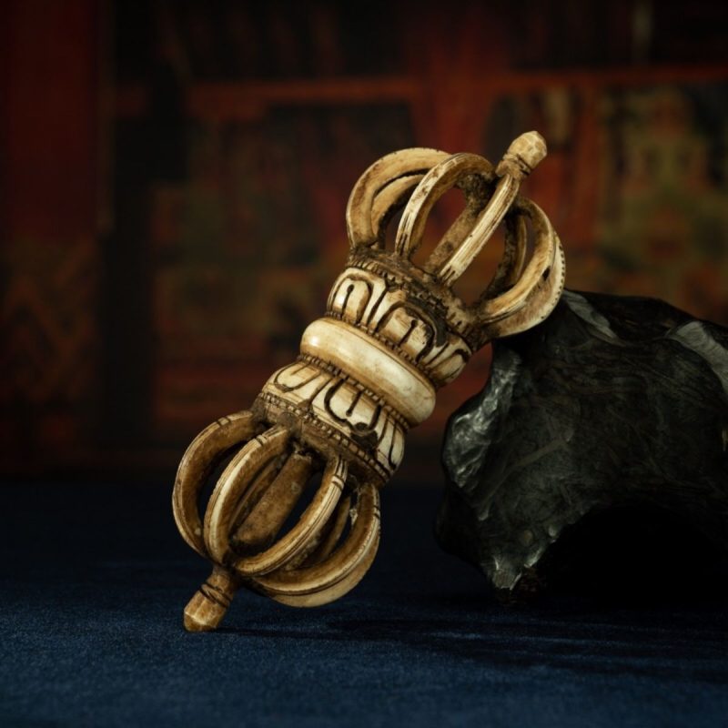 Qing Dynasty Tibetan Antique Bone Carved Nine-Pronged Vajra Ritual Object Mindrolling Monastery - Image 2