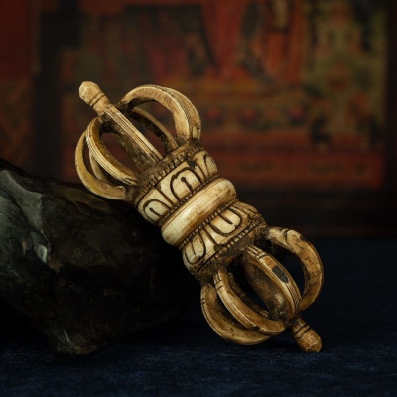 Qing Dynasty Tibetan Antique Bone Carved Nine-Pronged Vajra Ritual Object Mindrolling Monastery - Image 5