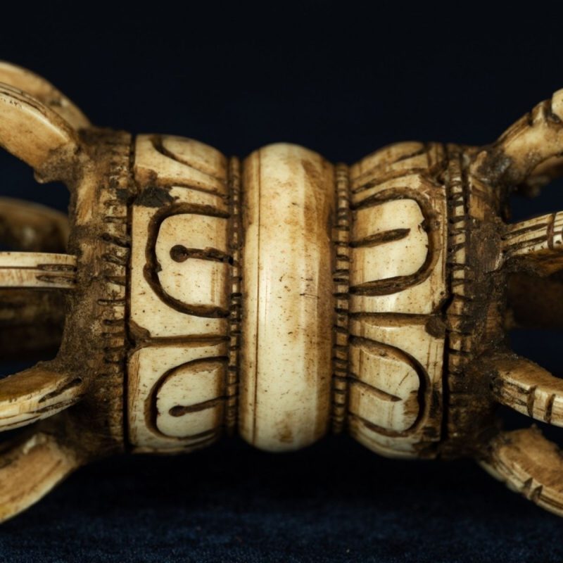 Qing Dynasty Tibetan Antique Bone Carved Nine-Pronged Vajra Ritual Object Mindrolling Monastery - Image 6