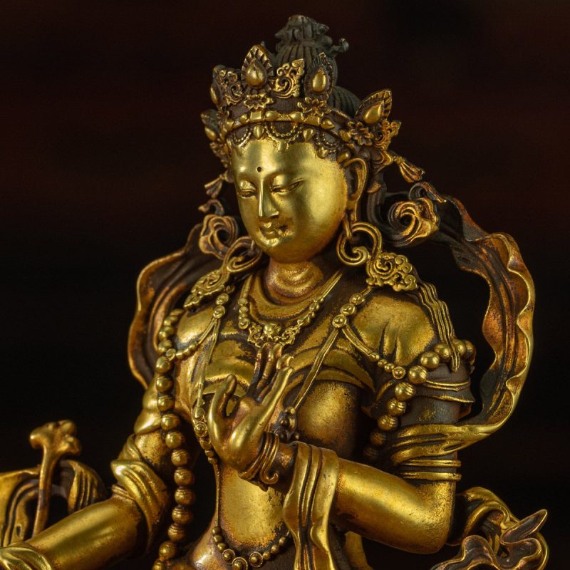 Qing Dynasty Green Tara Tibetan Antique Buddha Statue Copper Gilding - Image 2
