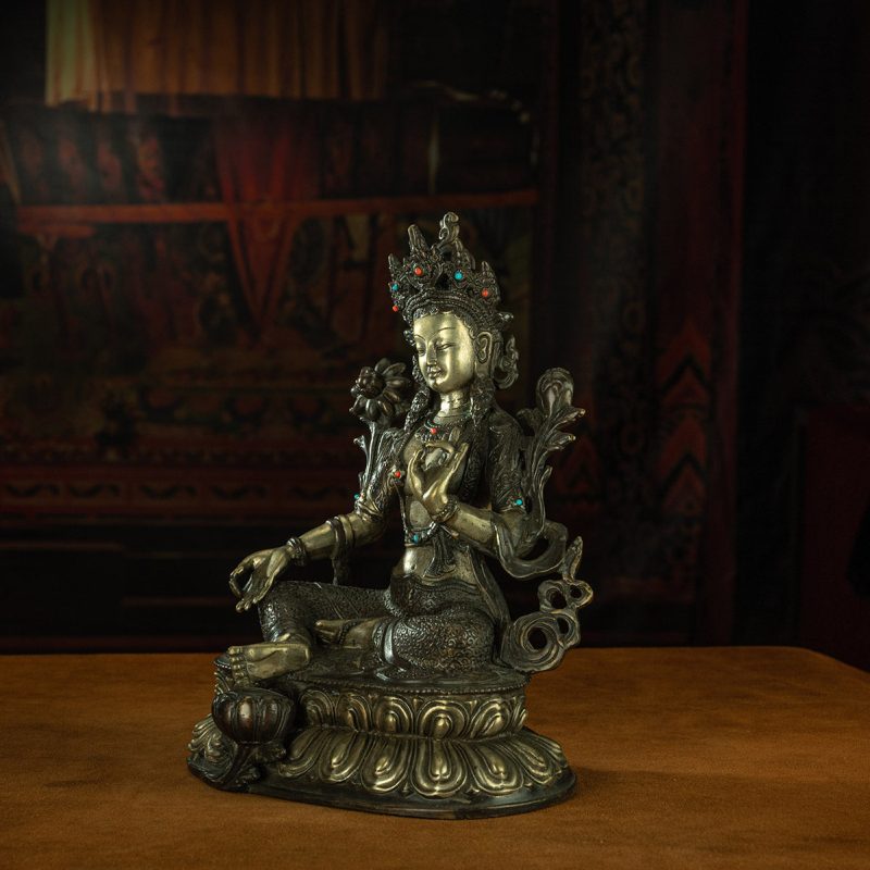 Qing Dynasty Green Tara Tibetan antique Buddha statue gilt silver inlaid with precious stones Zhuqing Temple - Image 5