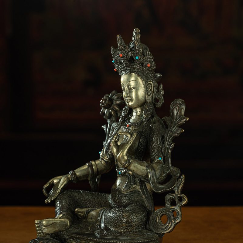 Qing Dynasty Green Tara Tibetan antique Buddha statue gilt silver inlaid with precious stones Zhuqing Temple - Image 3