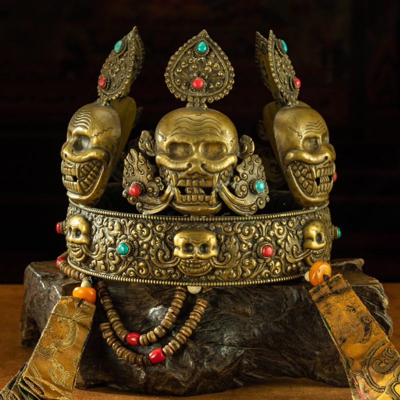 Qing Dynasty  Sita Vana's Dharma Protector Hat Yellow Lima Copper Inlaid With Coral and Turquoise Sakya Monastery - Image 3