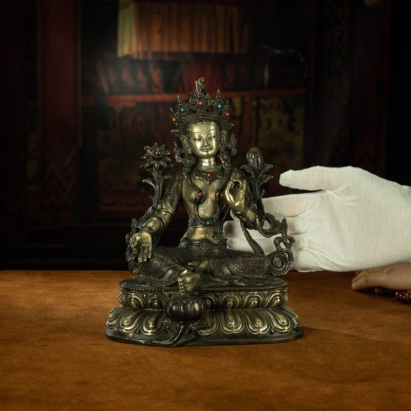 Qing Dynasty Green Tara Tibetan antique Buddha statue gilt silver inlaid with precious stones Zhuqing Temple - Image 8