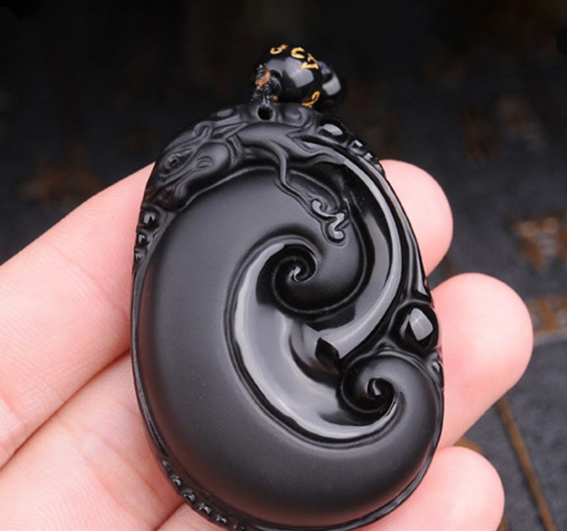 EXQUISITE IN Natural Black Obsidian PiXiu Oval Pattern Strength Necklace Pendant - Image 5