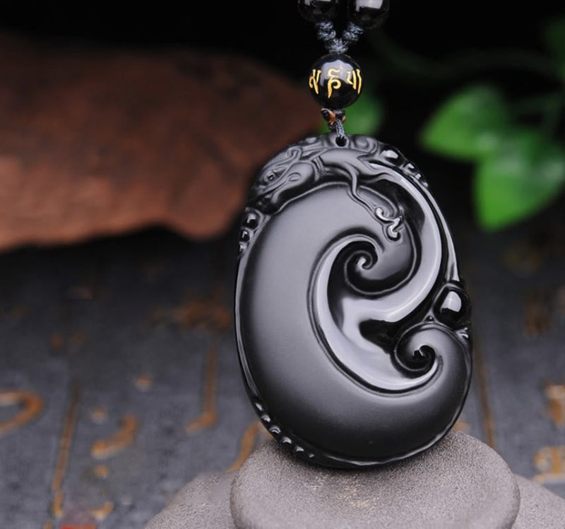 EXQUISITE IN Natural Black Obsidian PiXiu Oval Pattern Strength Necklace Pendant