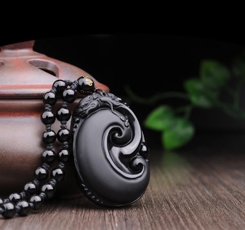 EXQUISITE IN Natural Black Obsidian PiXiu Oval Pattern Strength Necklace Pendant - Image 9