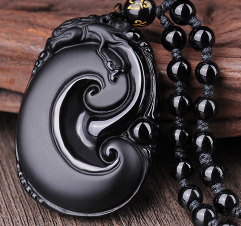 EXQUISITE IN Natural Black Obsidian PiXiu Oval Pattern Strength Necklace Pendant - Image 3
