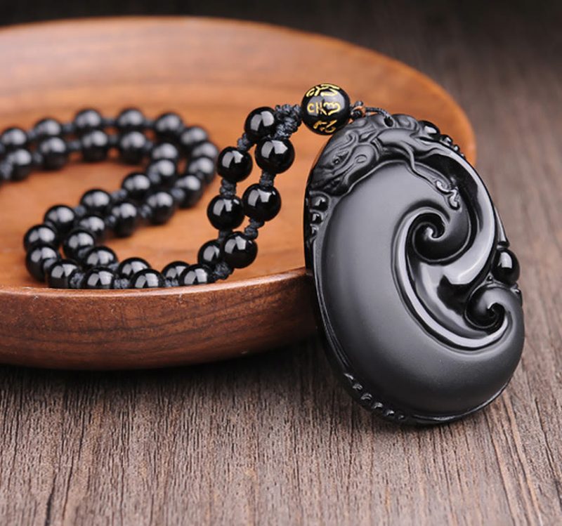 EXQUISITE IN Natural Black Obsidian PiXiu Oval Pattern Strength Necklace Pendant - Image 2