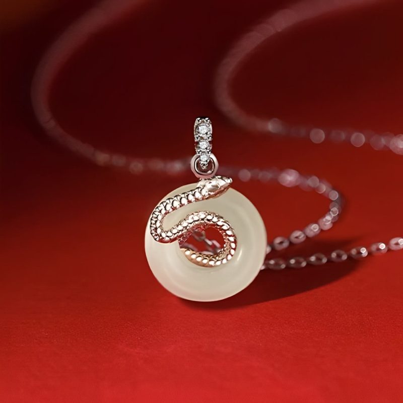 EXQUISITE IN Natural Hetian Jade Peace Buckle 925 Sterling Silver Year Of The Snake Luck Necklace Pendant
