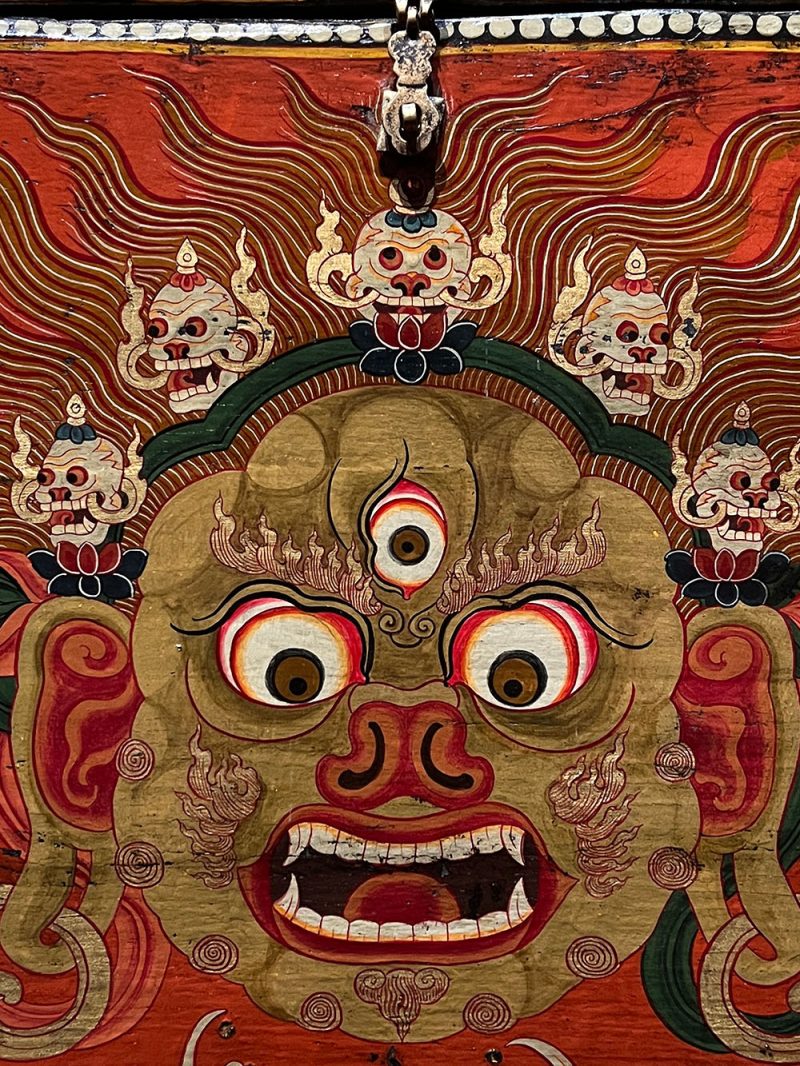 18th Century Colorful Three-Eyed Guardian Buddha Treasure Chest Tibetan Storage Box Furniture From Central Tibet - Image 7