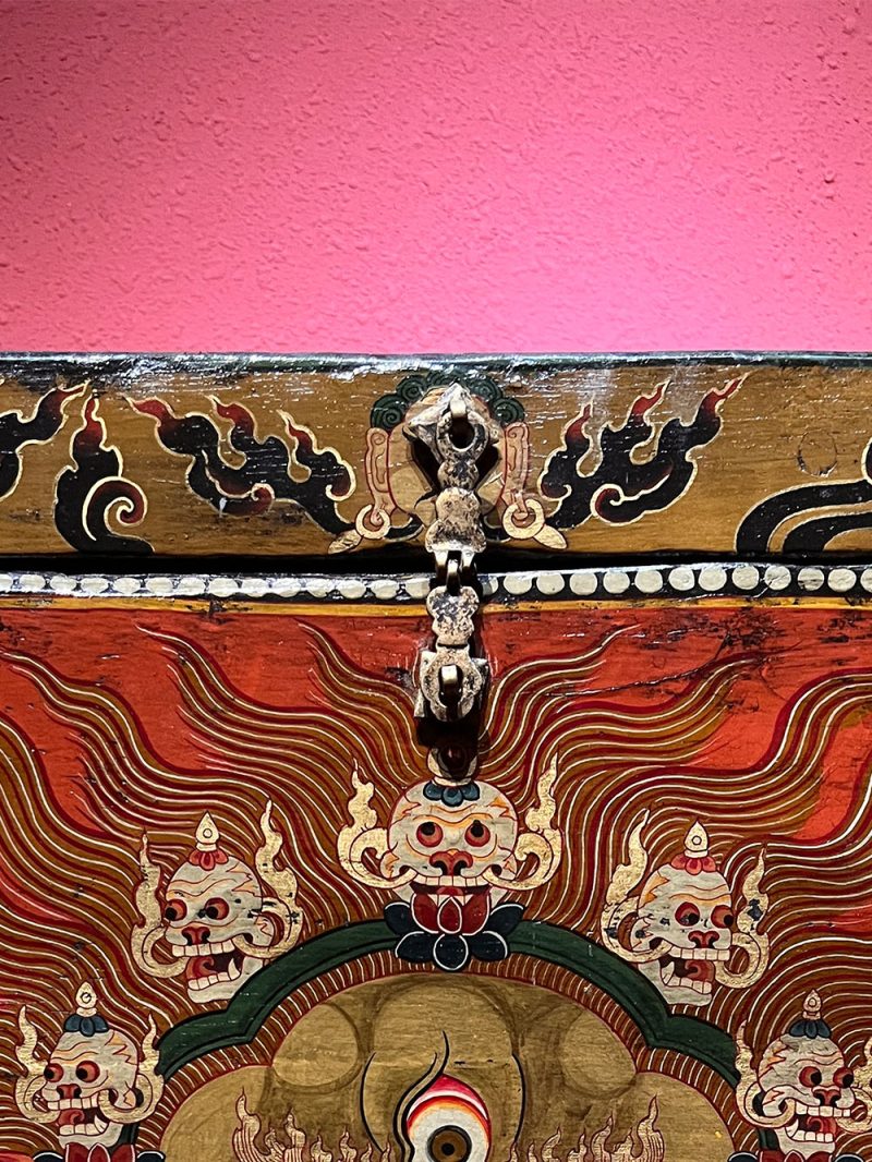 18th Century Colorful Three-Eyed Guardian Buddha Treasure Chest Tibetan Storage Box Furniture From Central Tibet - Image 9