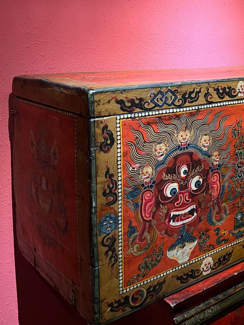 18th Century Colorful Three-Eyed Guardian Buddha Treasure Chest Tibetan Storage Box Furniture From Central Tibet - Image 17