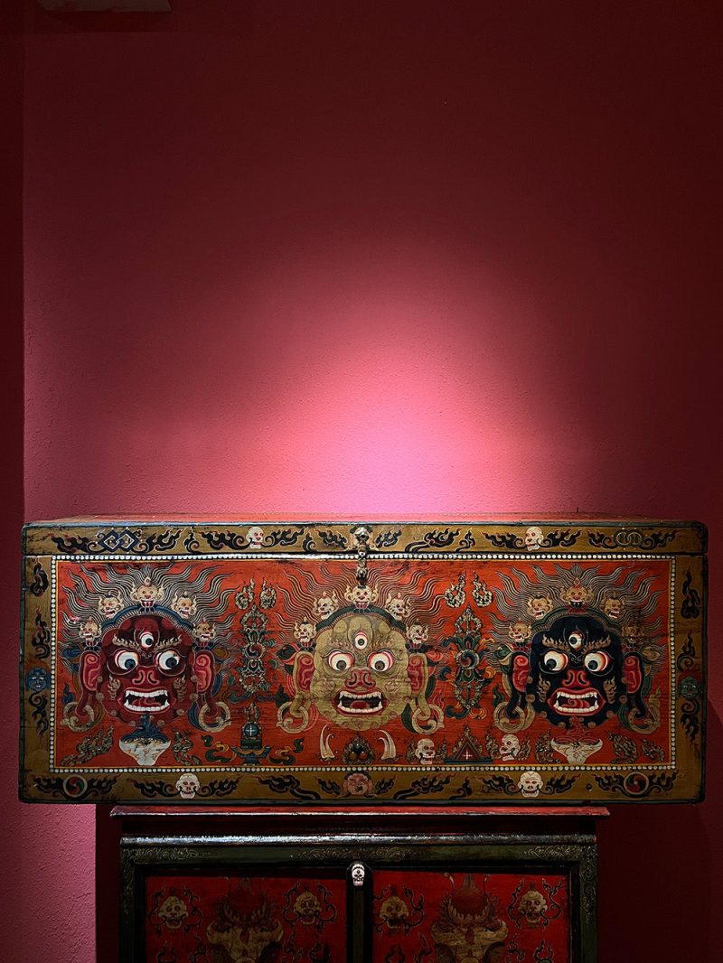 18th Century Colorful Three-Eyed Guardian Buddha Treasure Chest Tibetan Storage Box Furniture From Central Tibet