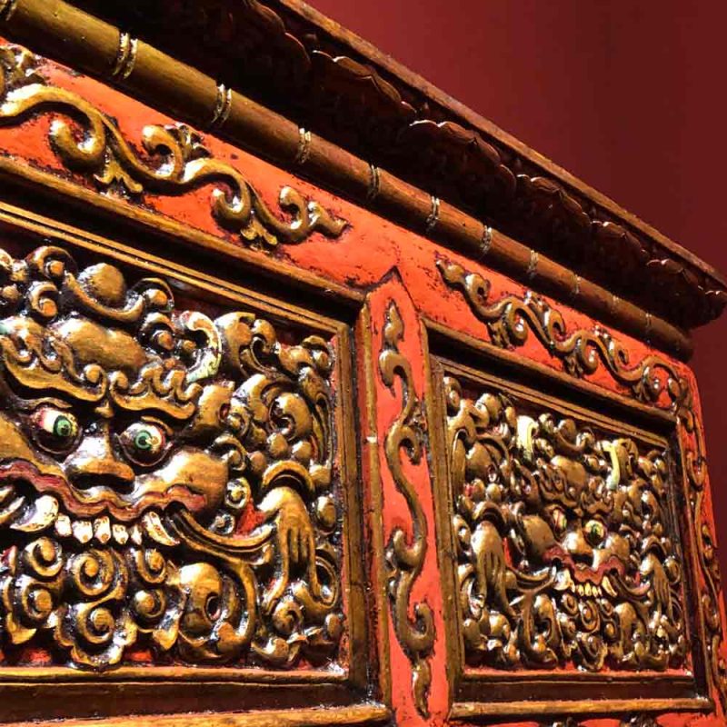 18th Century Kirtimukha Carvings Tibetan Dharma Table From East Tibet - Image 2