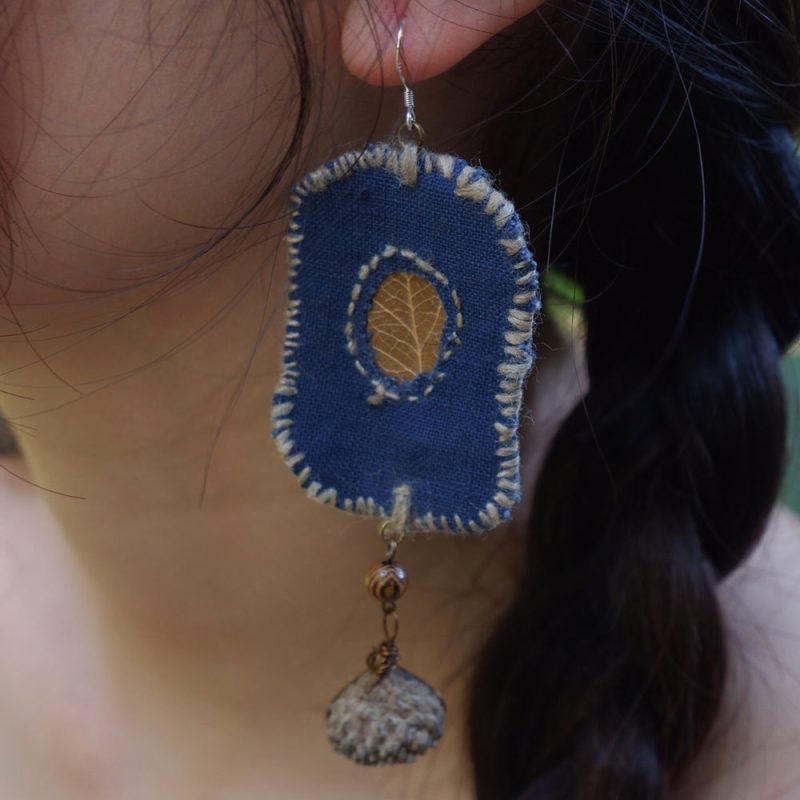 Blessed Leaf Artisan Earrings with Handwoven Fabric - Image 2