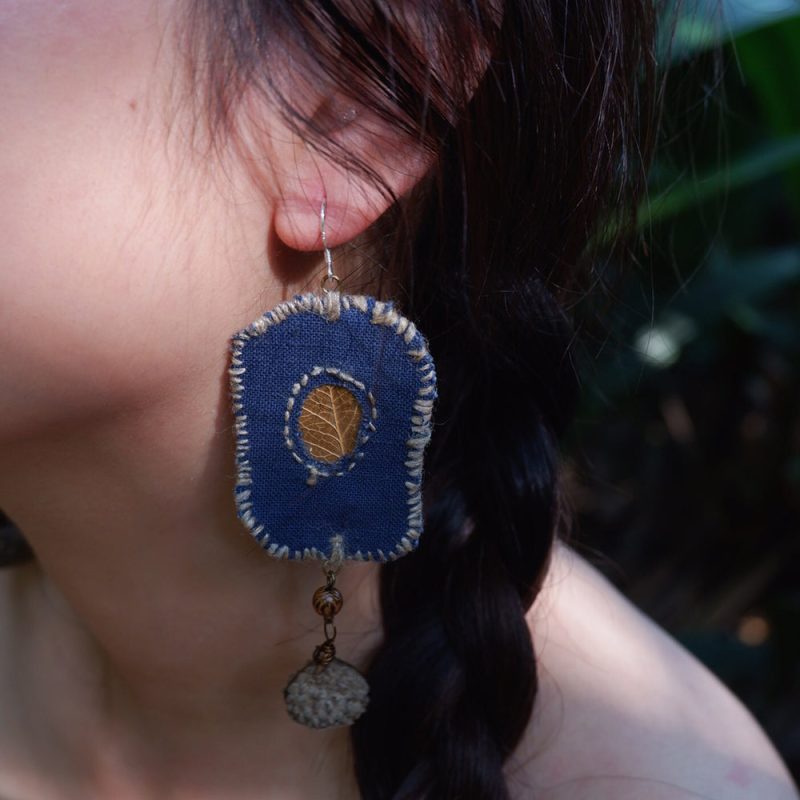 Blessed Leaf Artisan Earrings with Handwoven Fabric - Image 3
