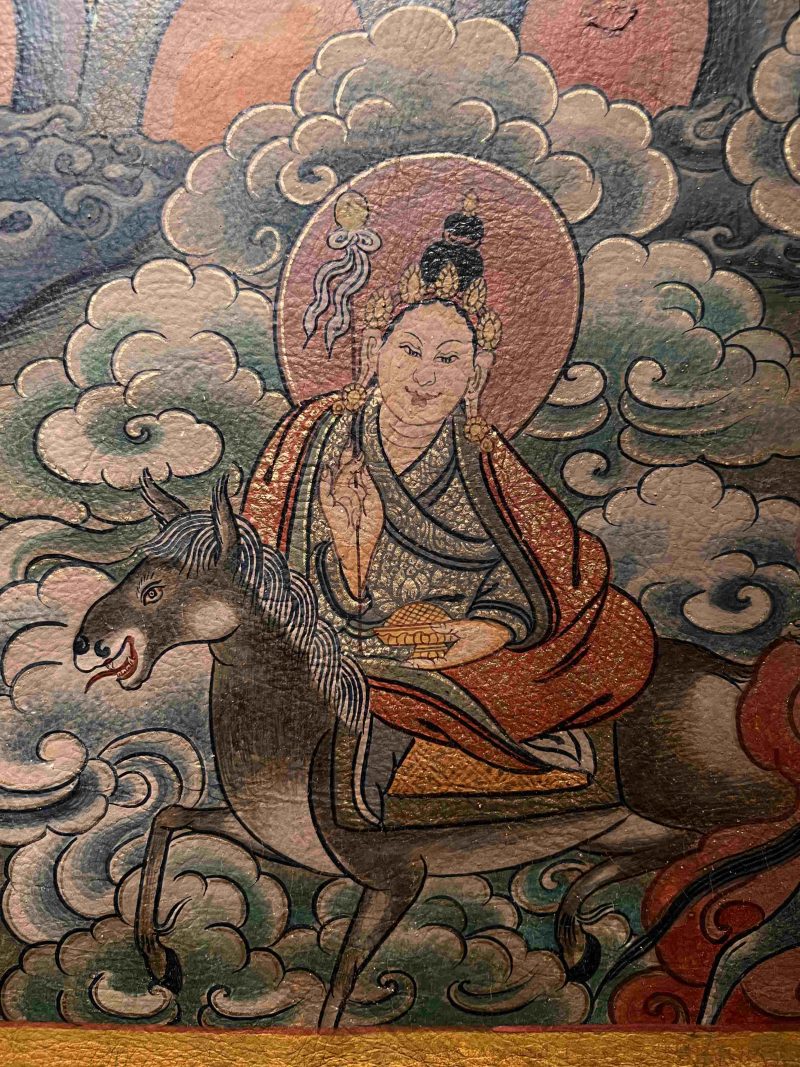 19th Century Dharmapala Vajrasadhu Riding a Goat Thangka Deer Skin Superfine Masterpiece - Image 4