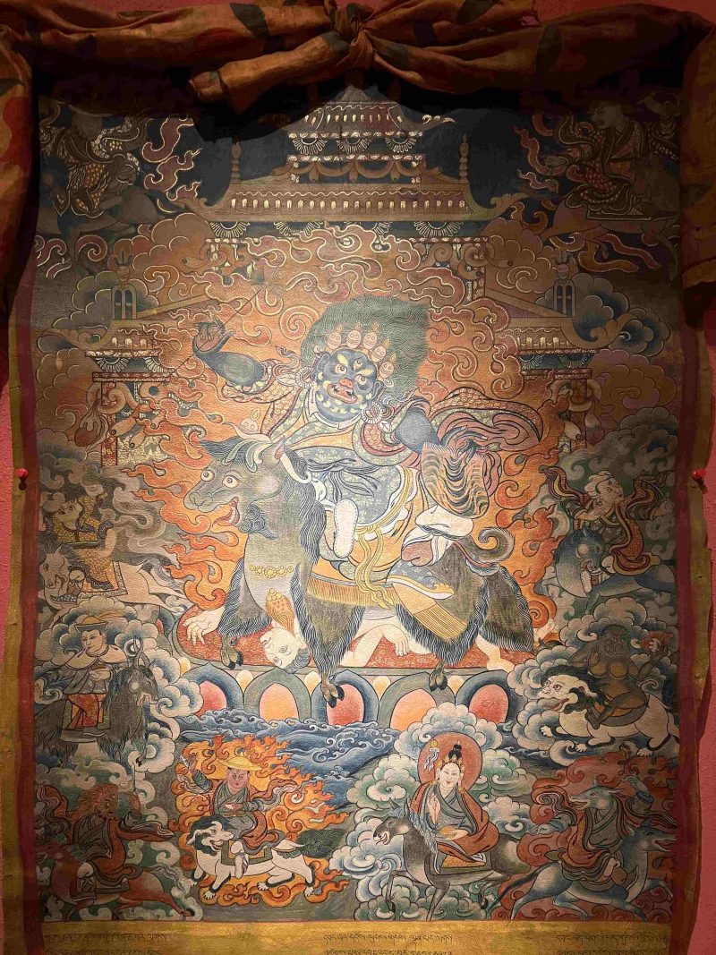 19th Century Dharmapala Vajrasadhu Riding a Goat Thangka Deer Skin Superfine Masterpiece - Image 2