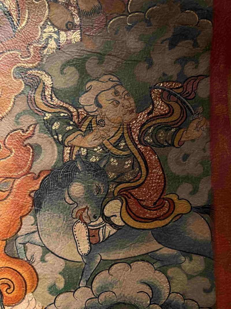 19th Century Dharmapala Vajrasadhu Riding a Goat Thangka Deer Skin Superfine Masterpiece - Image 5