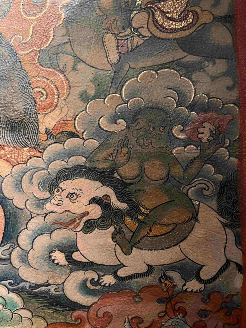 19th Century Dharmapala Vajrasadhu Riding a Goat Thangka Deer Skin Superfine Masterpiece - Image 9