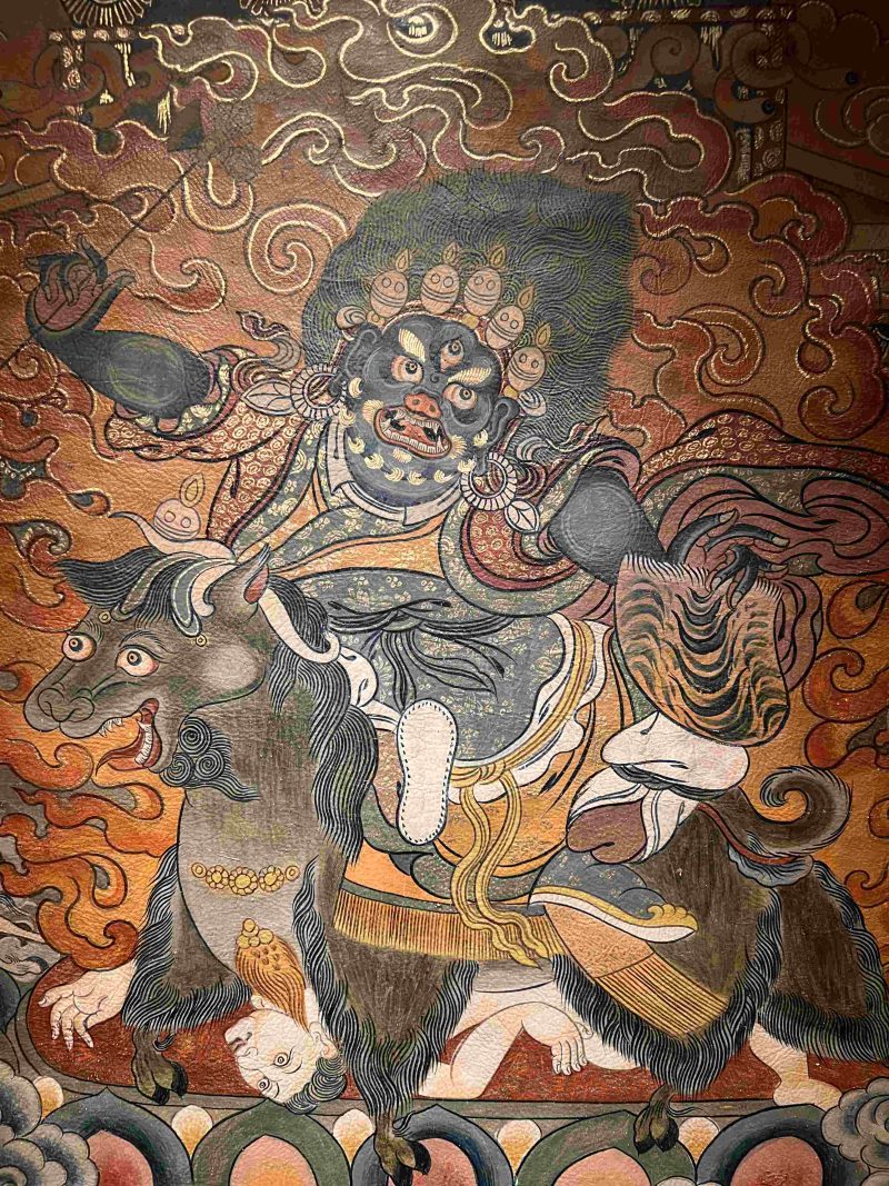 19th Century Dharmapala Vajrasadhu Riding a Goat Thangka Deer Skin Superfine Masterpiece - Image 3