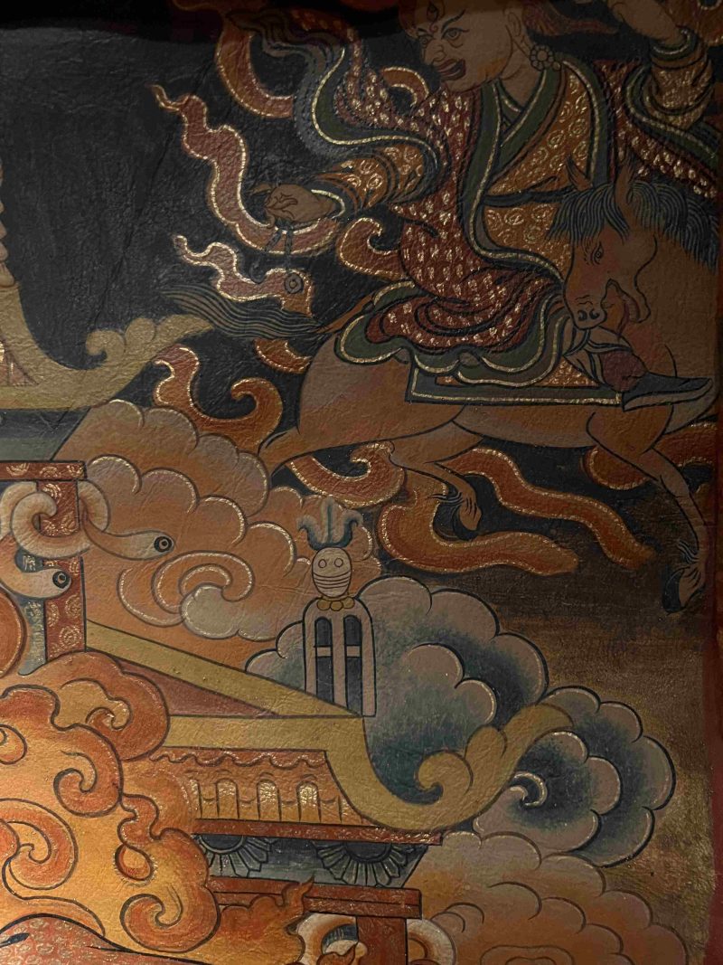 19th Century Dharmapala Vajrasadhu Riding a Goat Thangka Deer Skin Superfine Masterpiece - Image 8