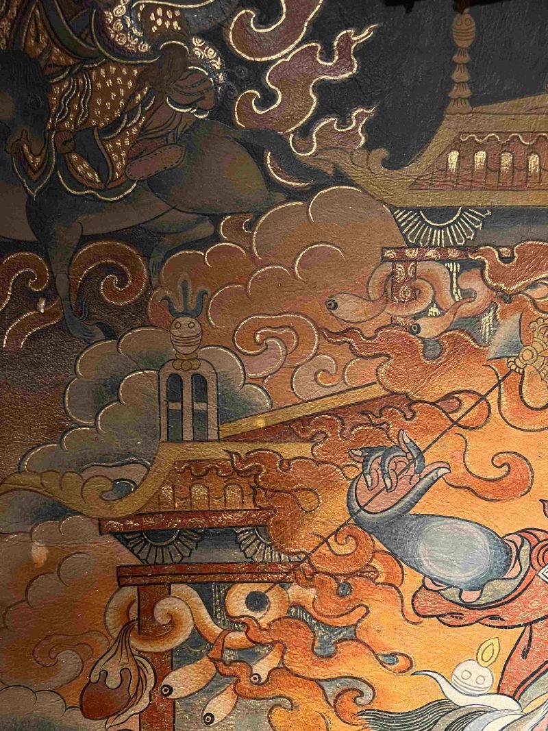 19th Century Dharmapala Vajrasadhu Riding a Goat Thangka Deer Skin Superfine Masterpiece - Image 6
